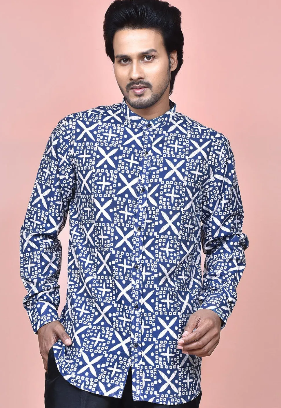 Bandhej Printed Cotton Silk Shirt in Navy Blue