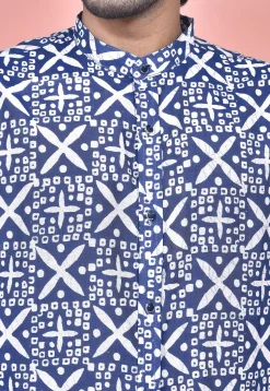 Bandhej Printed Cotton Silk Shirt in Navy Blue