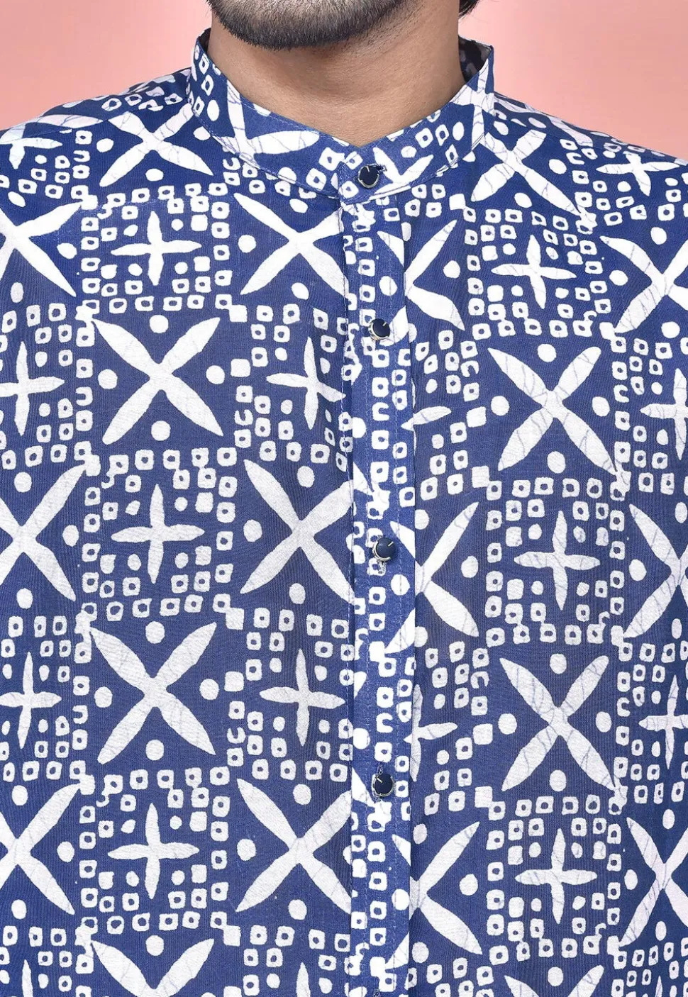 Bandhej Printed Cotton Silk Shirt in Navy Blue