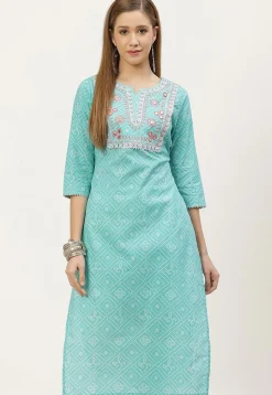 Bandhej Printed Cotton Straight Kurta in Light Blue