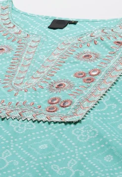 Bandhej Printed Cotton Straight Kurta in Light Blue