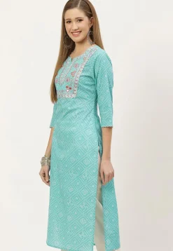 Bandhej Printed Cotton Straight Kurta in Light Blue