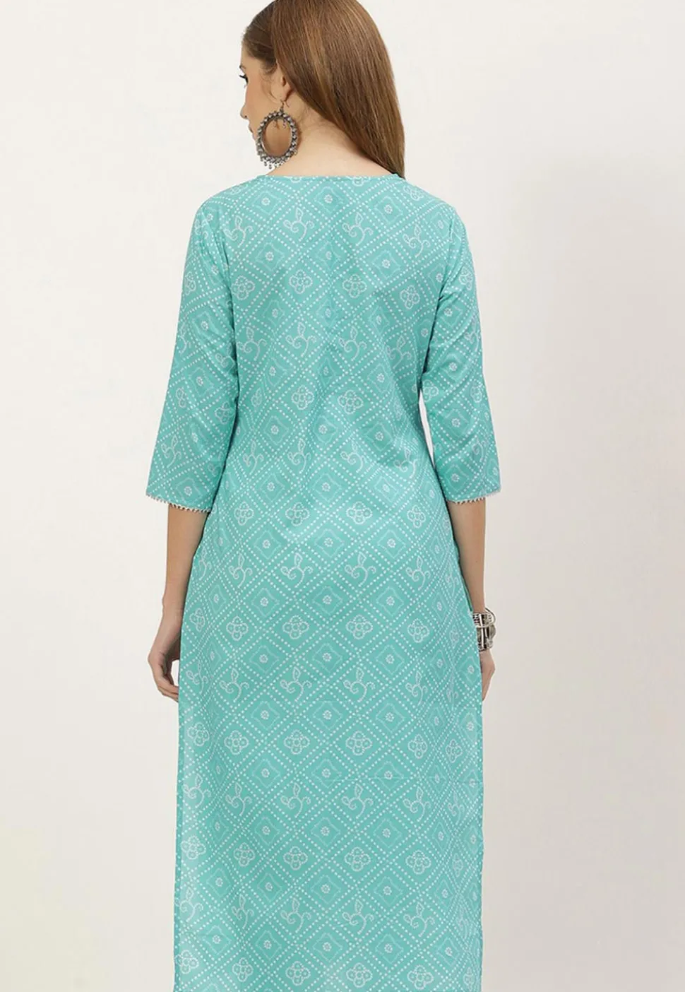 Bandhej Printed Cotton Straight Kurta in Light Blue