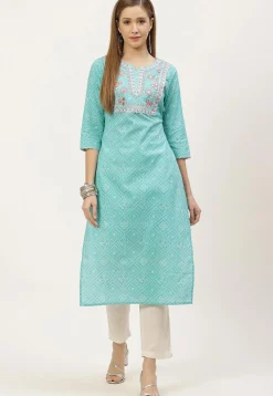 Bandhej Printed Cotton Straight Kurta in Light Blue