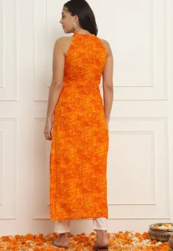 Bandhej Printed Cotton Straight Kurta Set in Orange
