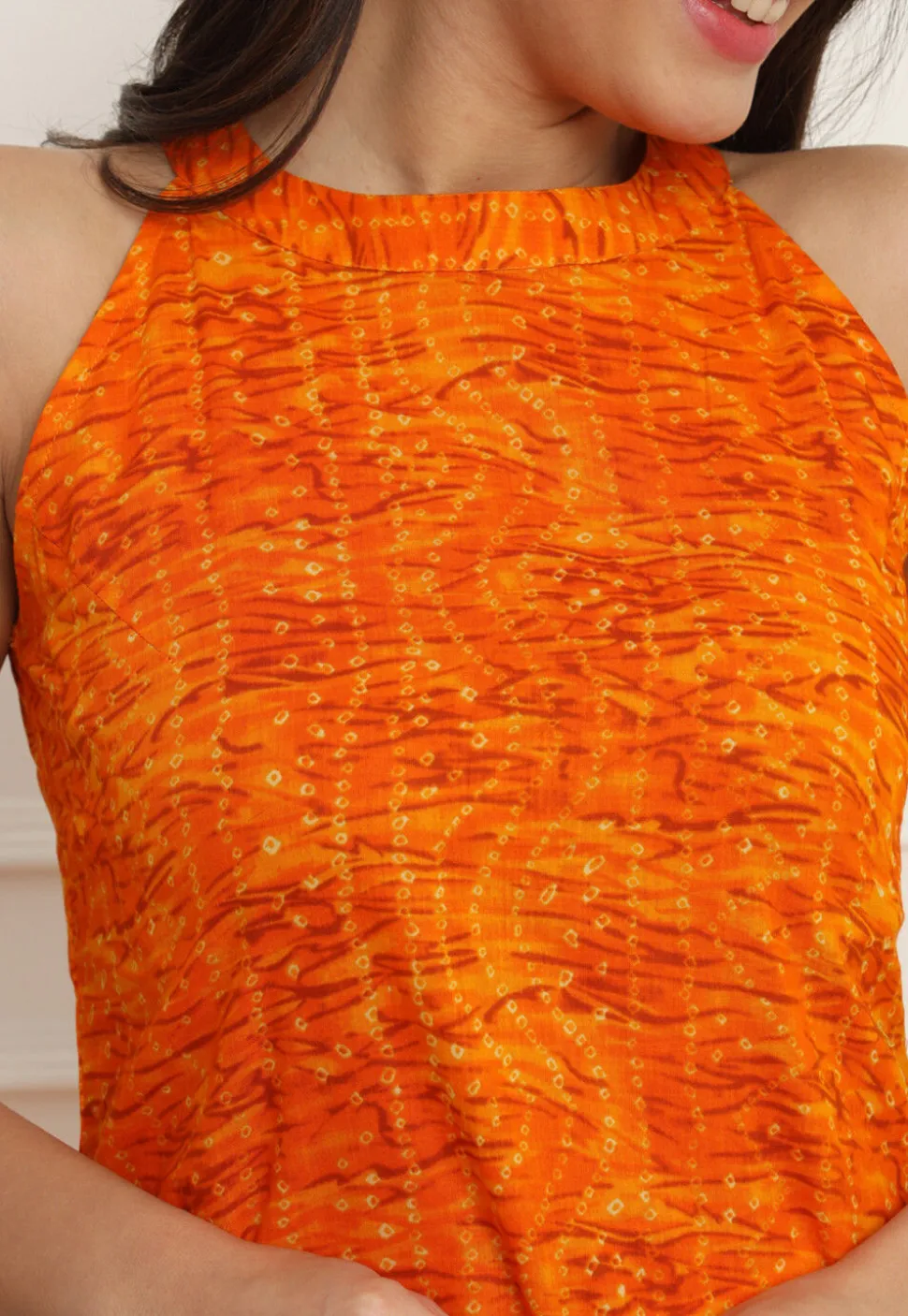 Bandhej Printed Cotton Straight Kurta Set in Orange