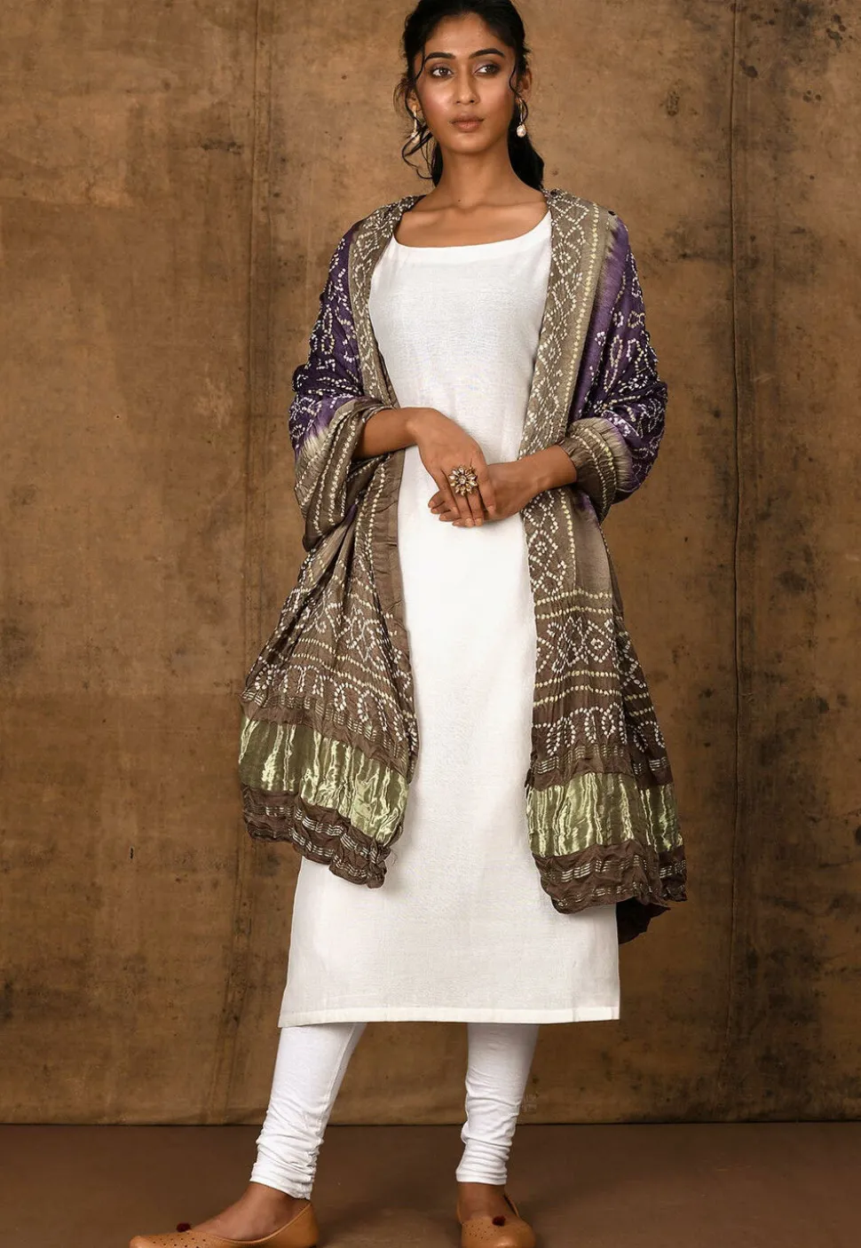 Bandhej Printed Cotton Straight Suit in Off White
