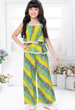Bandhej Printed Cotton Top Set in Yellow and Blue