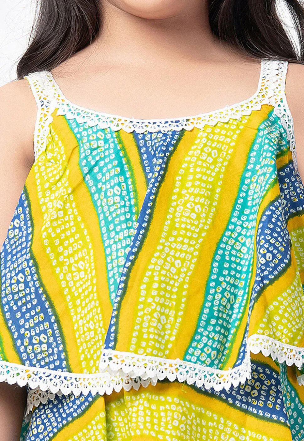 Bandhej Printed Cotton Top Set in Yellow and Blue