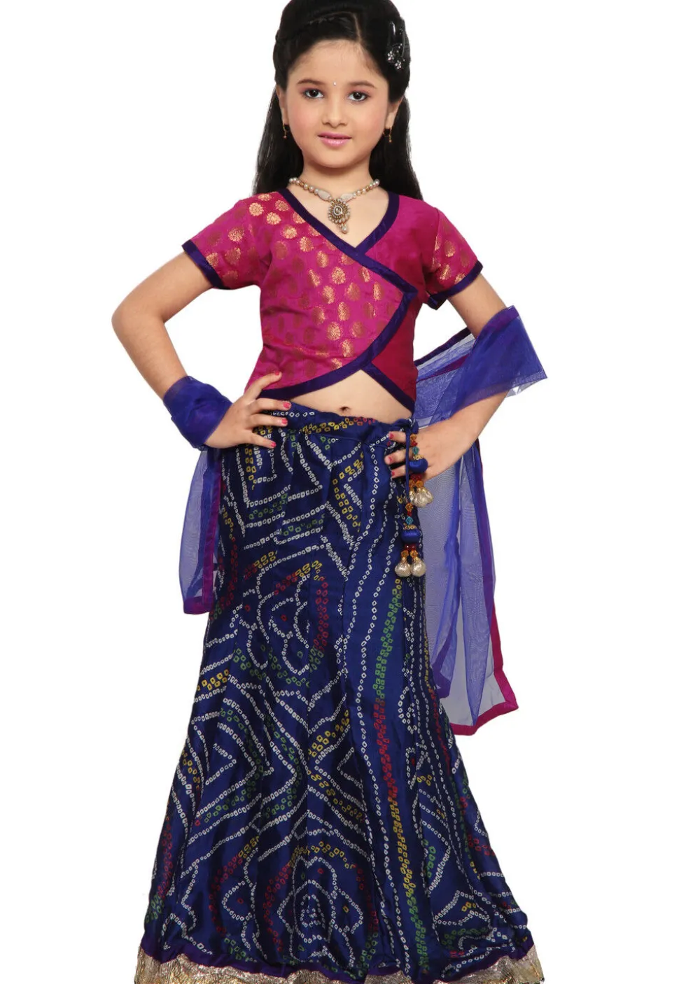 Bandhej Printed Crepe Lehenga in Navy Blue