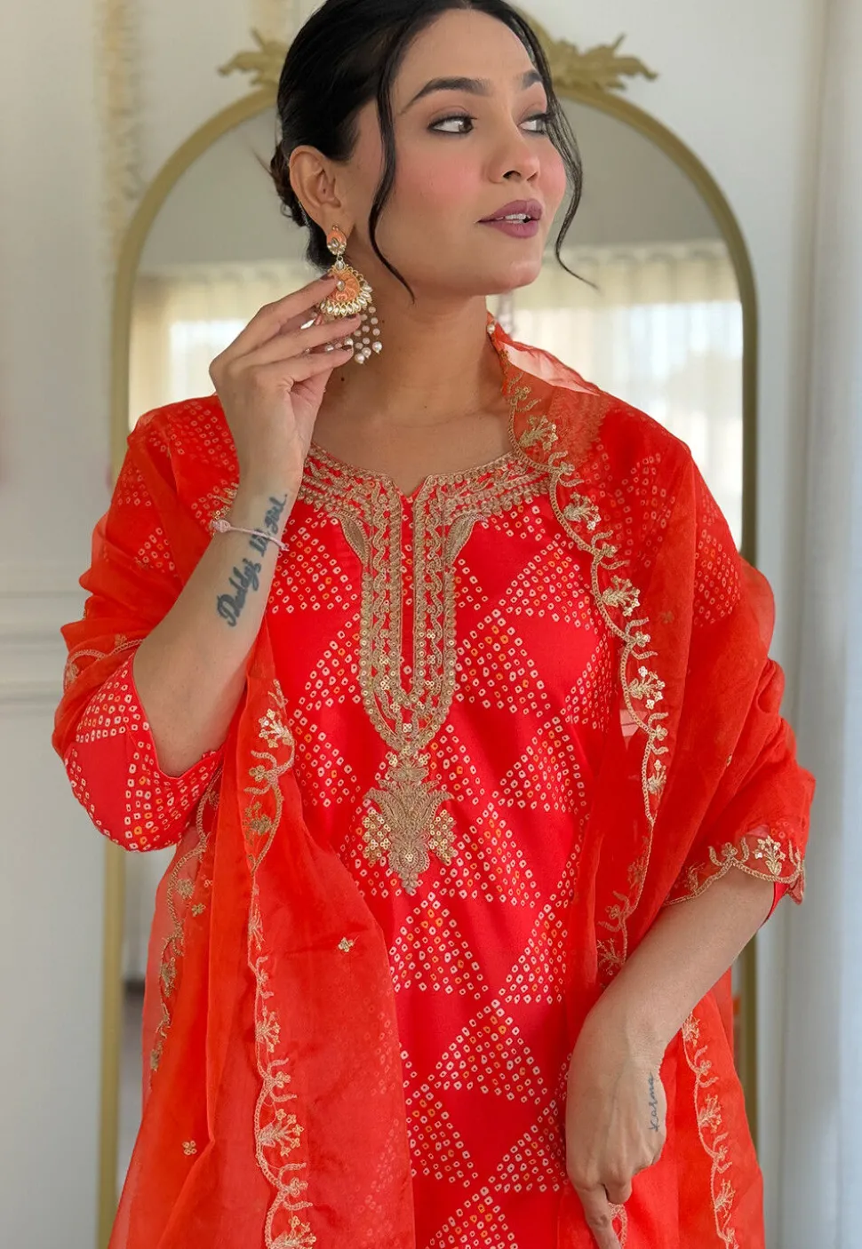 Bandhej Printed Crepe Pakistani Suit in Orange