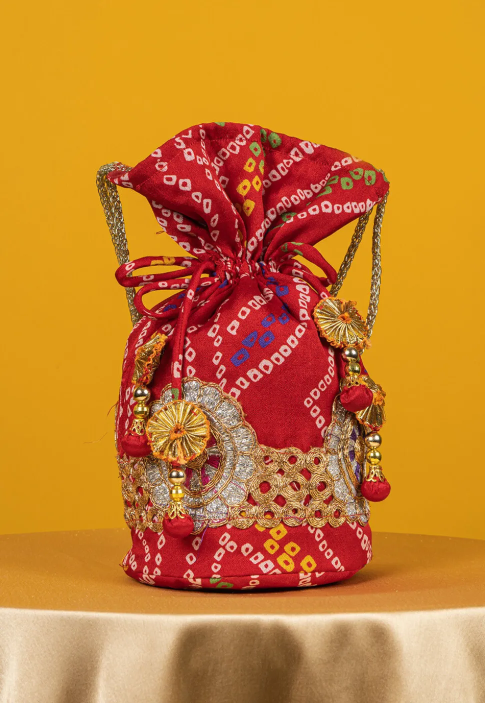 Bandhej Printed Crepe Potli Bag in Red