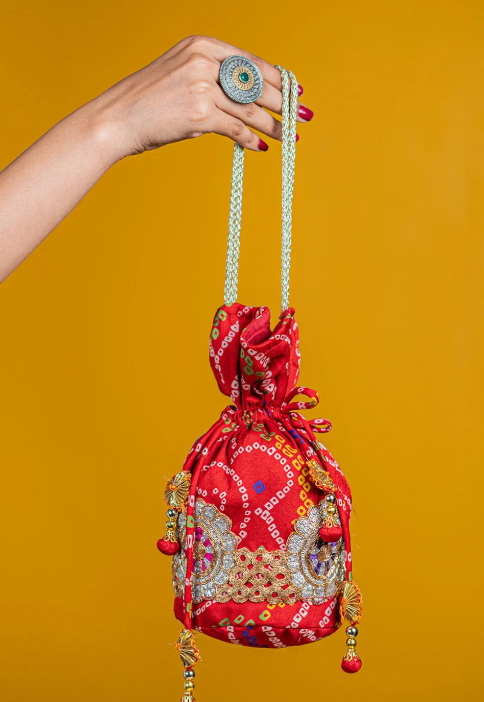 Bandhej Printed Crepe Potli Bag in Red