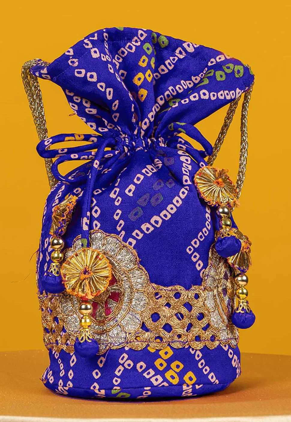 Bandhej Printed Crepe Potli Bag in Royal Blue