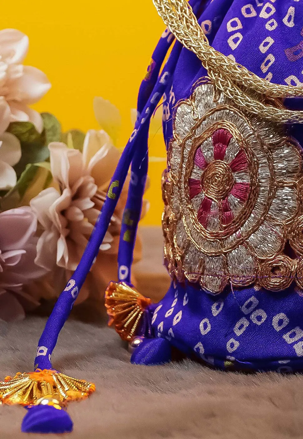 Bandhej Printed Crepe Potli Bag in Royal Blue