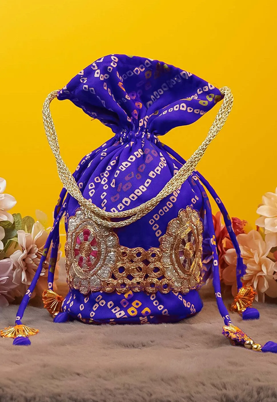 Bandhej Printed Crepe Potli Bag in Royal Blue
