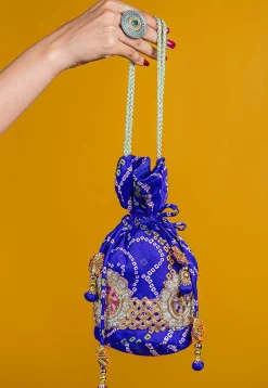 Bandhej Printed Crepe Potli Bag in Royal Blue