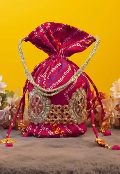 Bandhej Printed Crepe Potli Bag in Fuchsia
