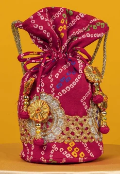 Bandhej Printed Crepe Potli Bag in Fuchsia
