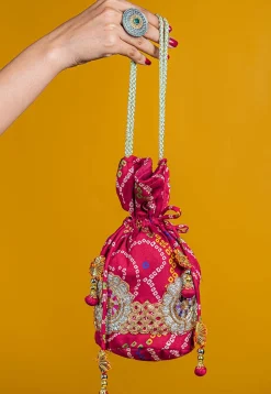 Bandhej Printed Crepe Potli Bag in Fuchsia
