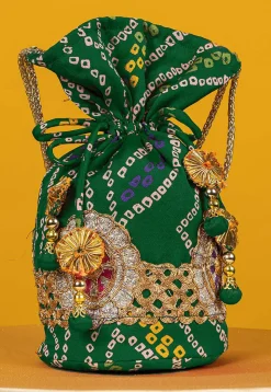 Bandhej Printed Crepe Potli Bag in Green