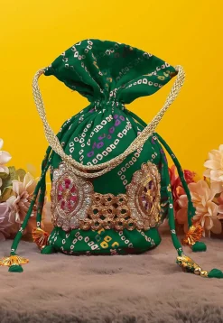 Bandhej Printed Crepe Potli Bag in Green