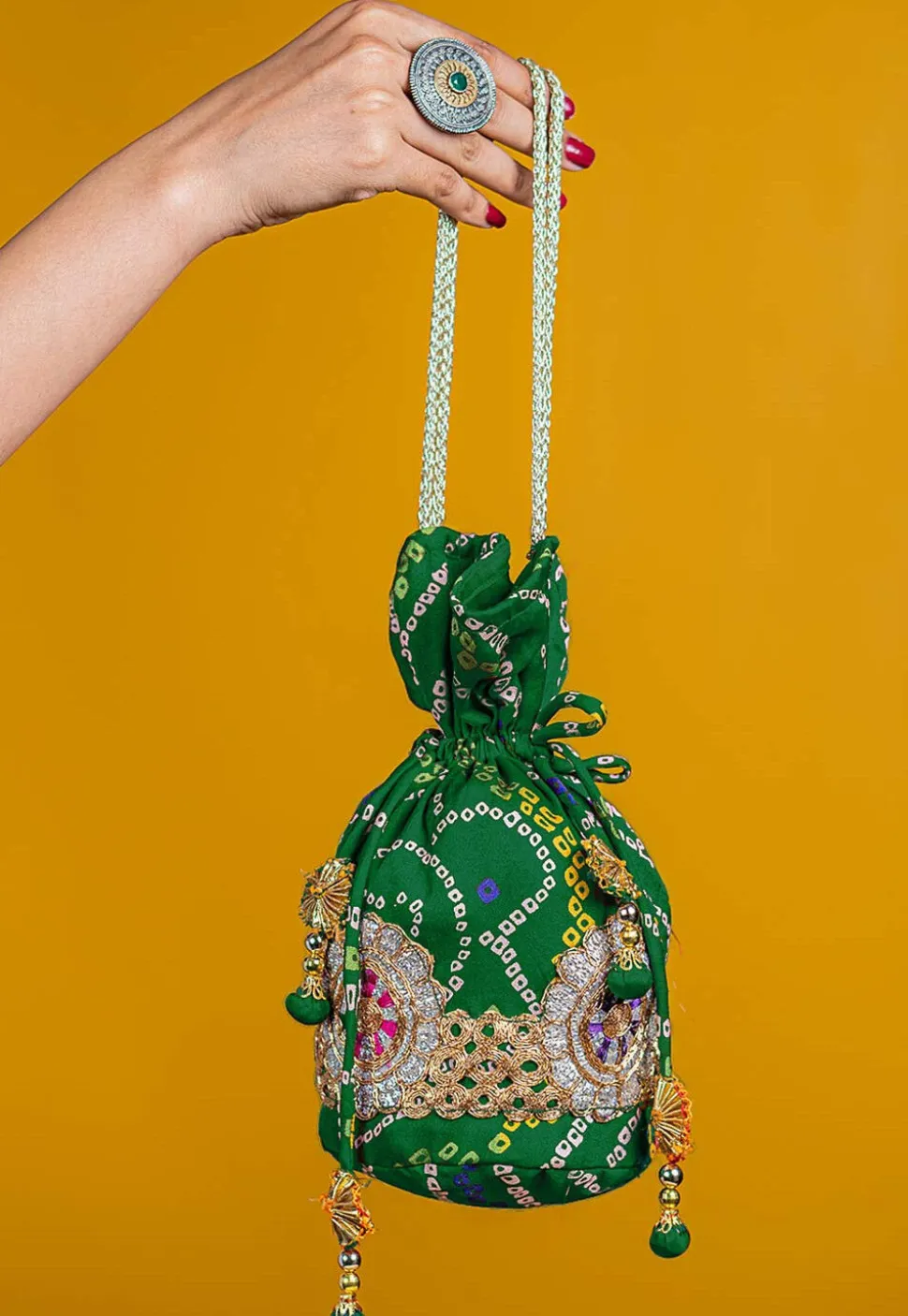 Bandhej Printed Crepe Potli Bag in Green