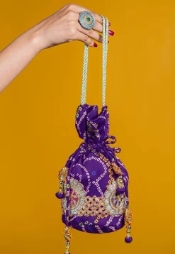 Bandhej Printed Crepe Potli Bag in Purple