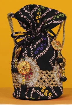 Bandhej Printed Crepe Potli Bag in Black