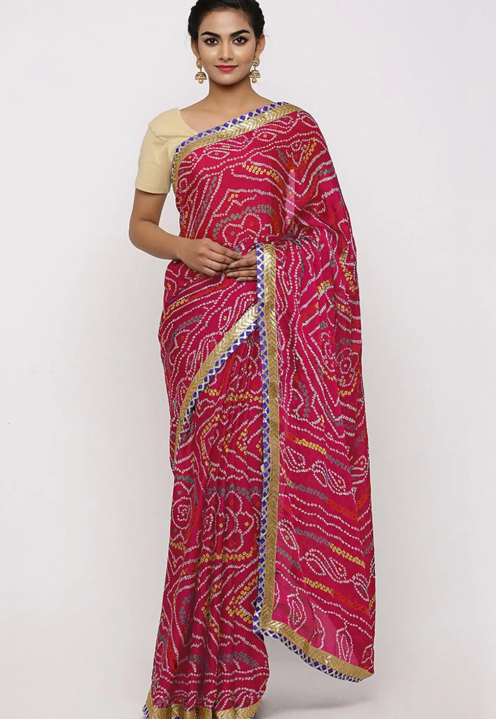 Bandhej Printed Crepe Saree in Fuchsia