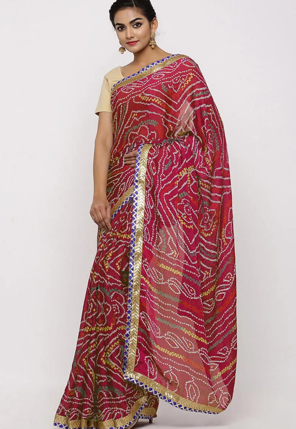 Bandhej Printed Crepe Saree in Fuchsia