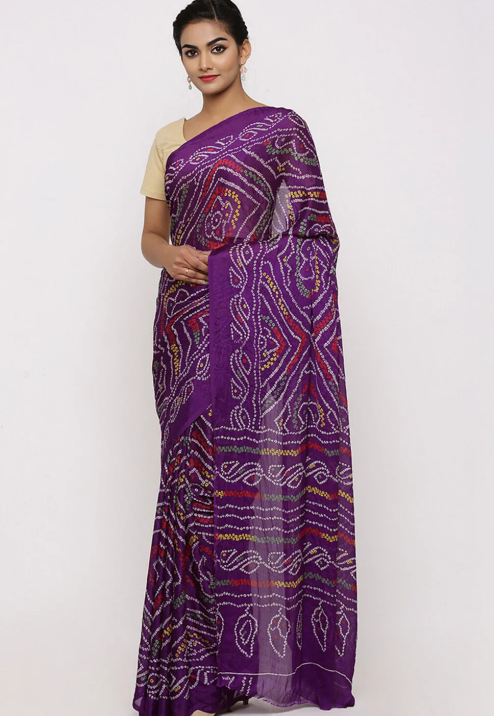 Bandhej Printed Crepe Saree in Purple