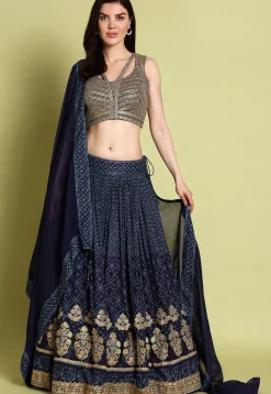 Bandhej Printed Crepe Silk Lehenga in Blue