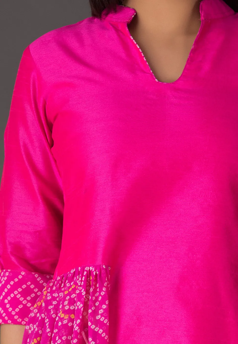 Bandhej Printed Dupion Silk A Line Suit in Fuchsia