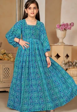 Bandhej Printed Georgette Gown in Teal Blue
