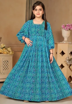 Bandhej Printed Georgette Gown in Teal Blue