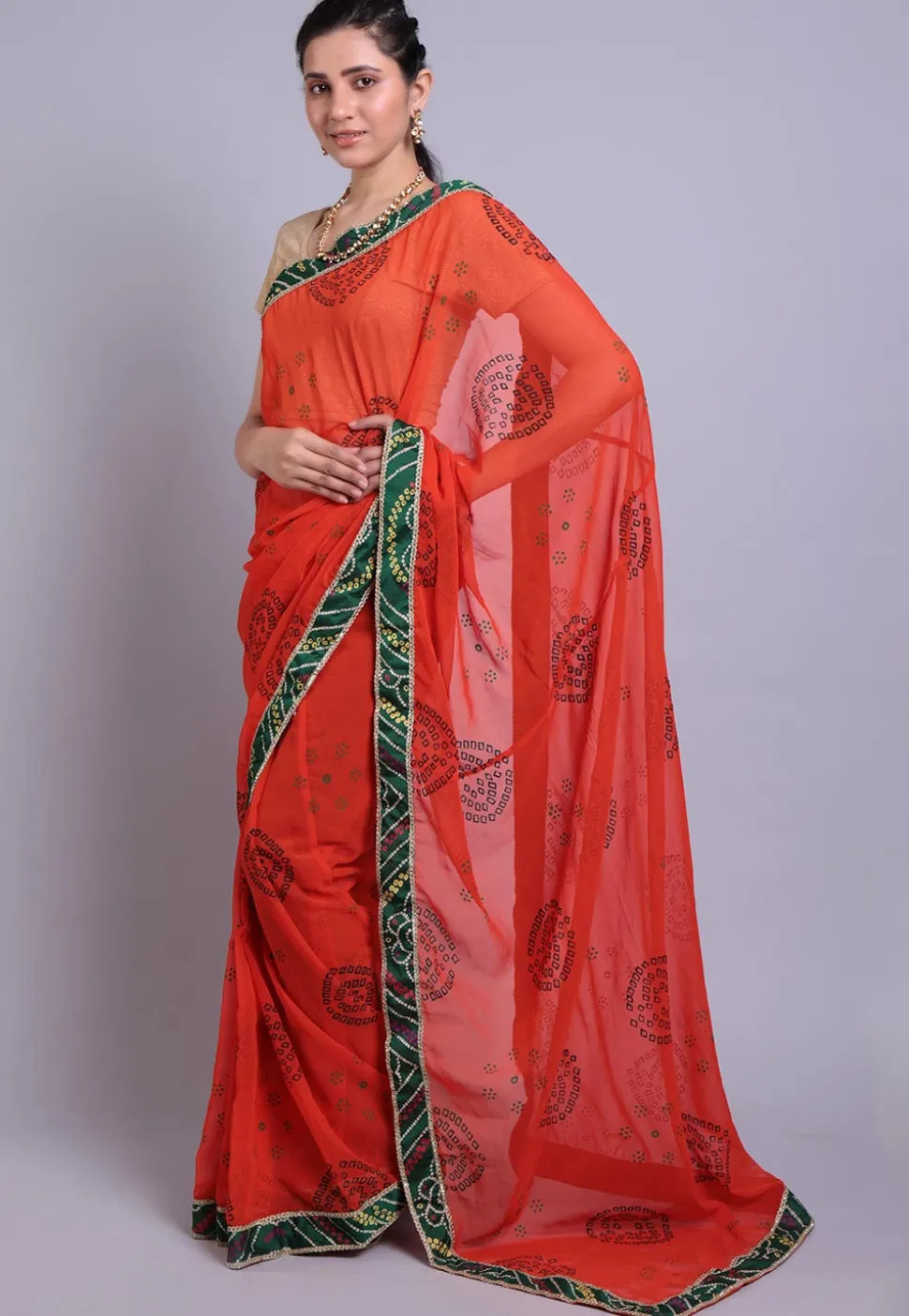 Bandhej Printed Georgette Saree in Orange
