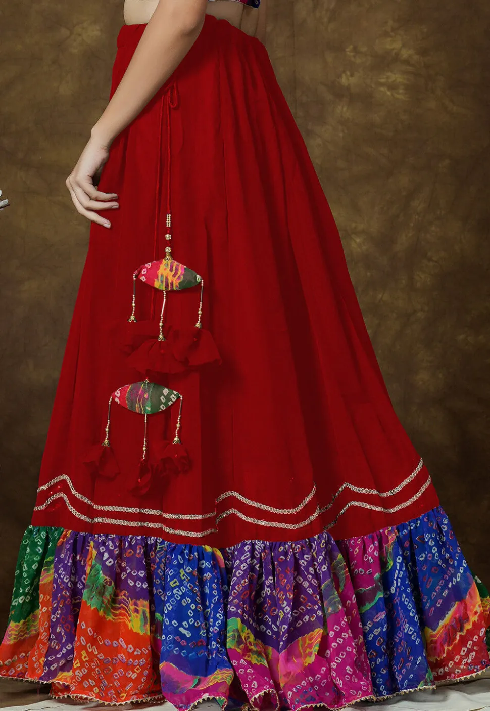 Bandhej Printed Georgette Skirt in Red