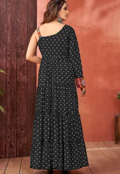 Bandhej Printed Georgette Tiered Gown in Black