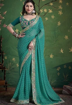 Bandhej Printed Georgette Saree in Teal Green