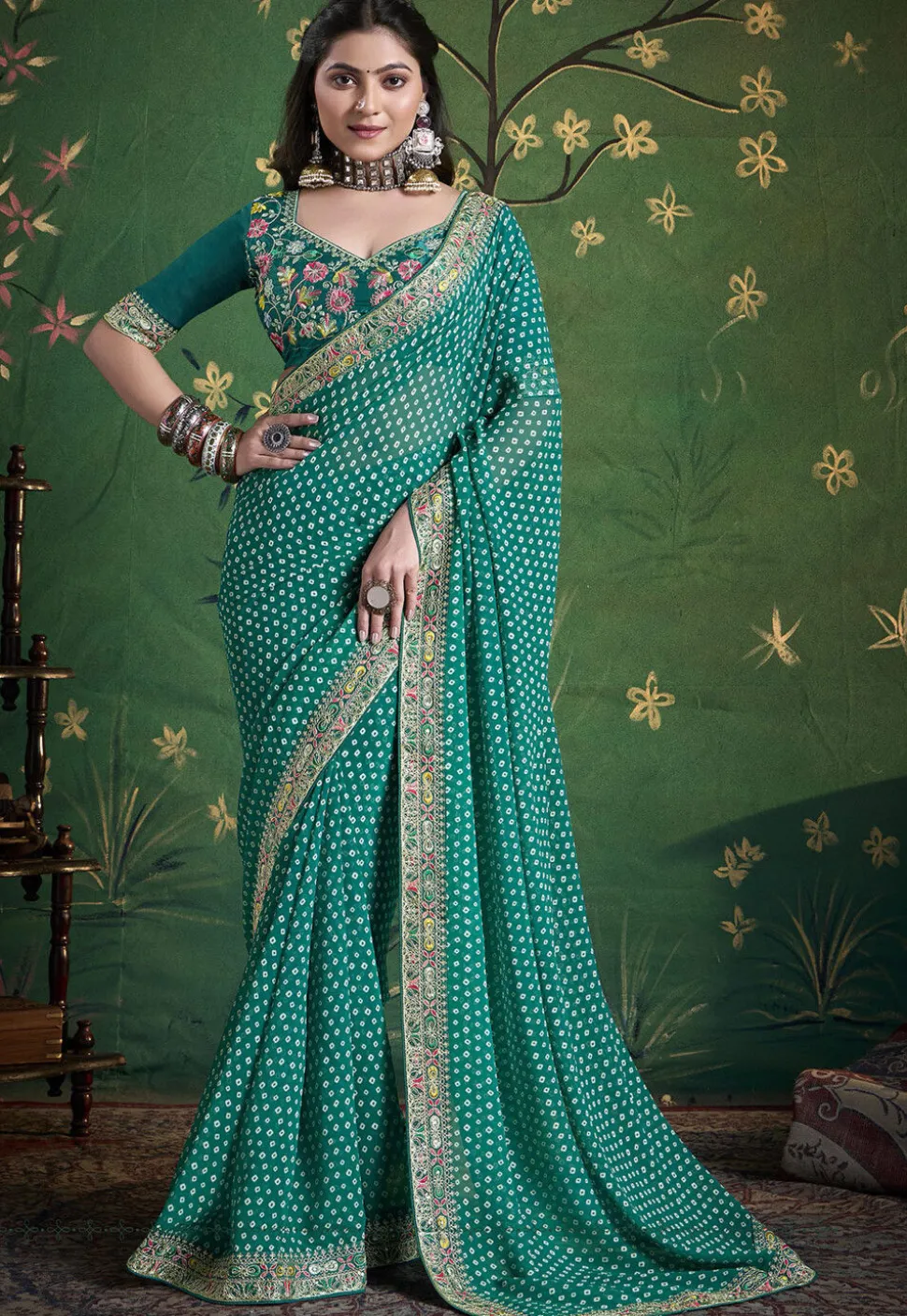 Bandhej Printed Georgette Saree in Teal Green
