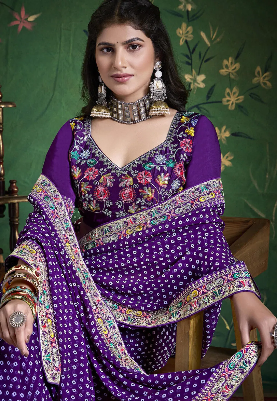 Bandhej Printed Georgette Saree in Purple