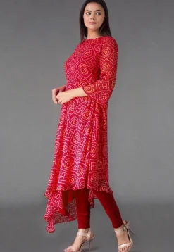 Bandhej Printed Georgette Asymmetric A Line Suit in Red