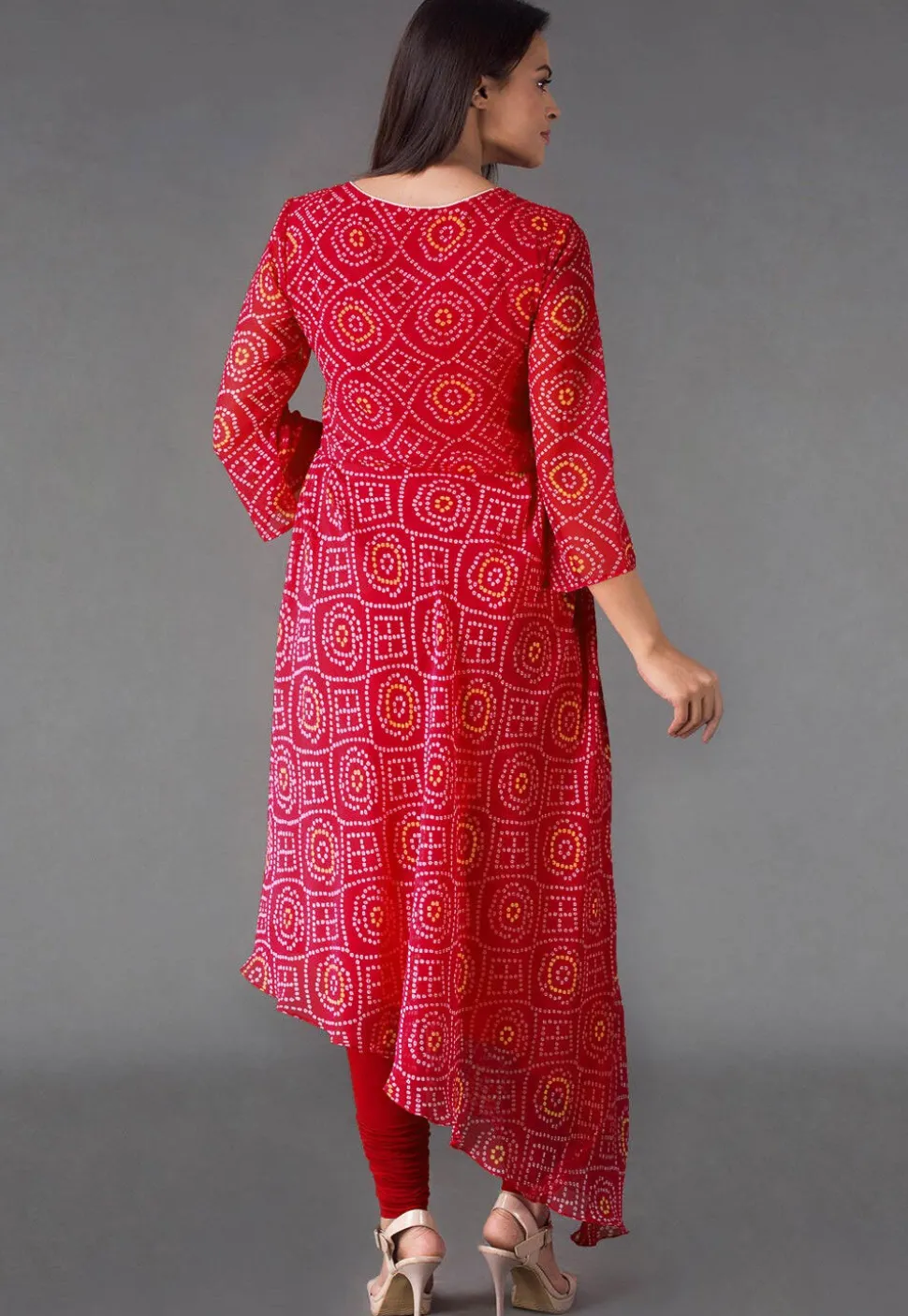 Bandhej Printed Georgette Asymmetric A Line Suit in Red