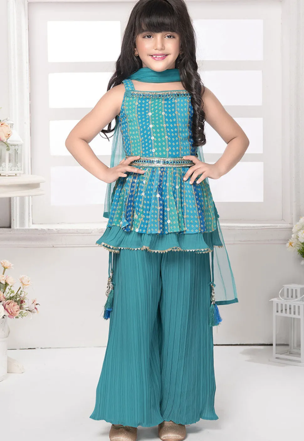 Bandhej Printed Georgette Pakistani Suit in Blue and Green