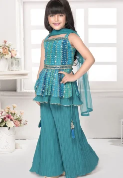 Bandhej Printed Georgette Pakistani Suit in Blue and Green