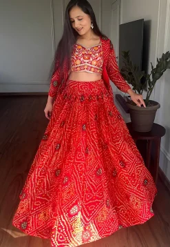 Bandhej Printed Georgette Lehenga in Red
