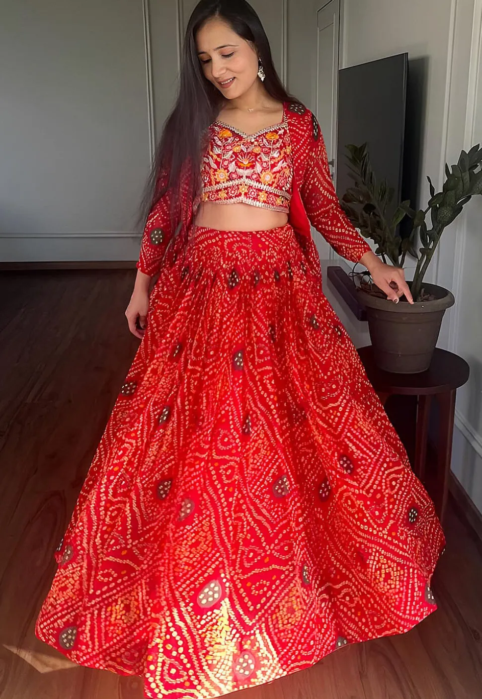 Bandhej Printed Georgette Lehenga in Red