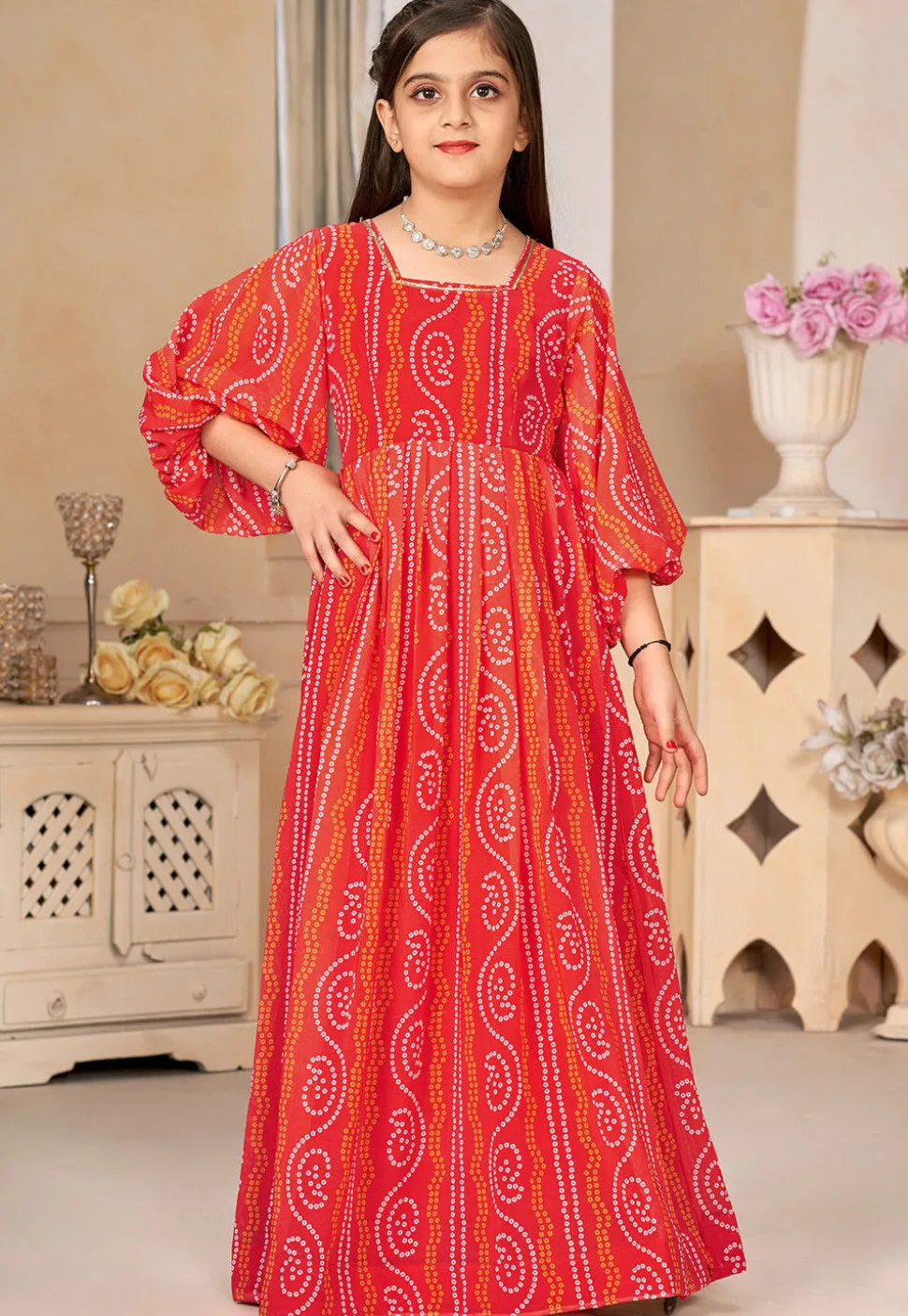 Bandhej Printed Georgette Gown in Red