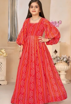 Bandhej Printed Georgette Gown in Red